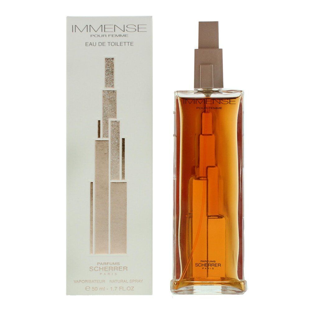 Flacone di profumo e confezione. Flacone rettangolare, marrone. Confezione bianca con design dorato e scritta IMMENSE POUR FEMME.