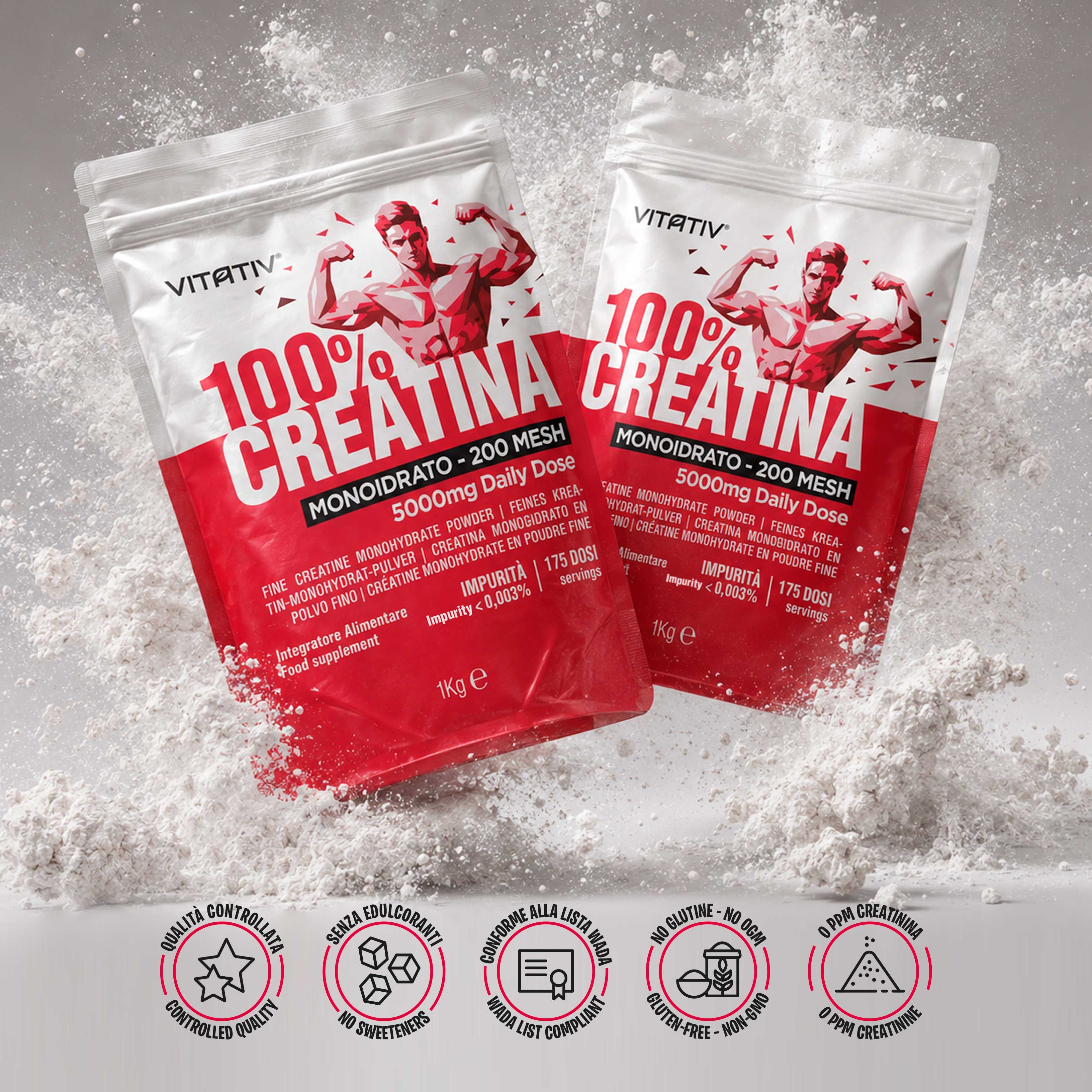 Vitativ 100% Creatina Monoidrato Polvere, 200 Mesh, busta 1kg.