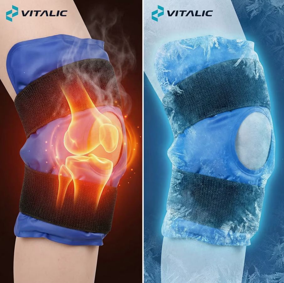 Ginocchiera sulla gamba. Sinistra: calore, destra: freddo. Ginocchiera blu con cinghie nere.