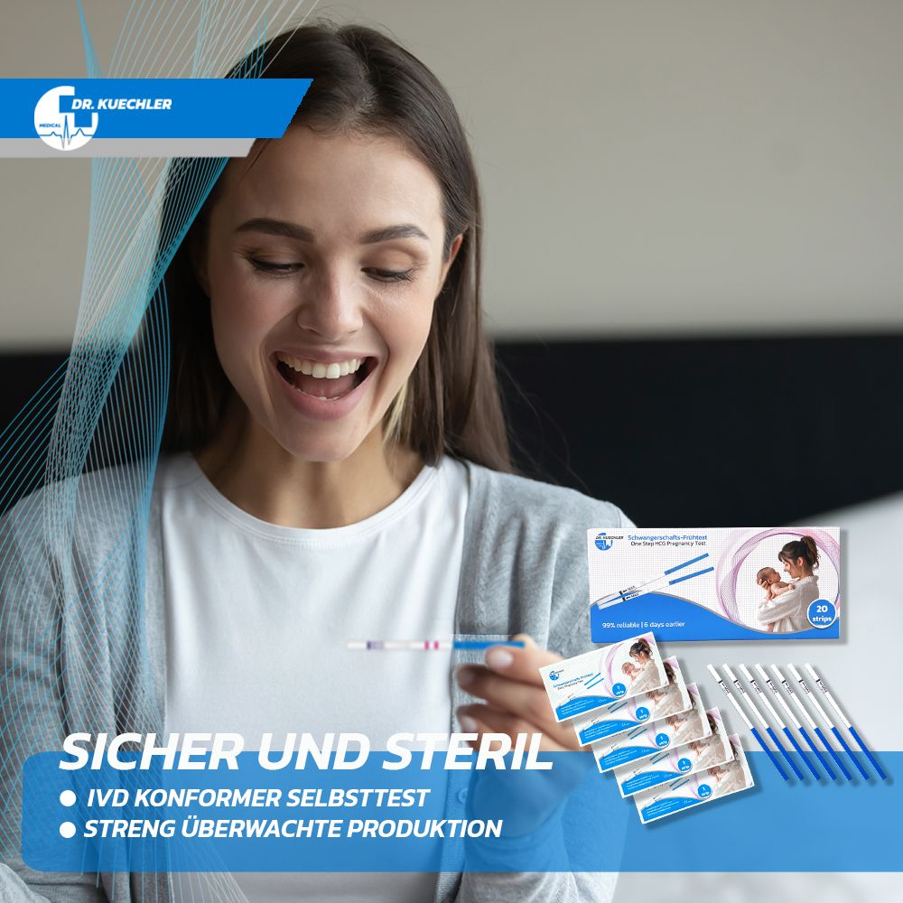 Donna con test di gravidanza. Confezione e test singoli sullo sfondo. "Sicuro e sterile".