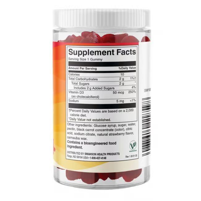 Retro del barattolo con informazioni nutrizionali. Contiene vitamina D3. Sigillo vegano. Produttore: SWANSON HEALTH PRODUCTS.