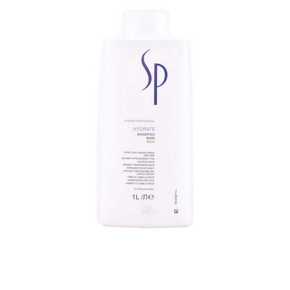 Flacone bianco con logo SP blu e testo. Contiene Hydrate Shampoo. Flacone da 1L.