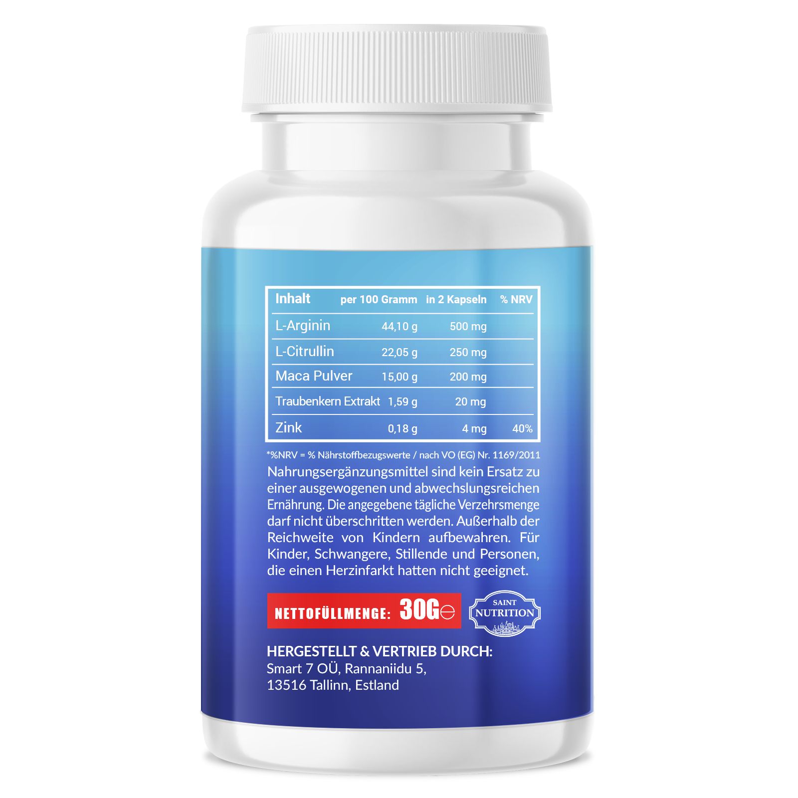 Retro del flacone di capsule con ingredienti, tabella nutrizionale e informazioni del produttore. Peso netto: 30g.