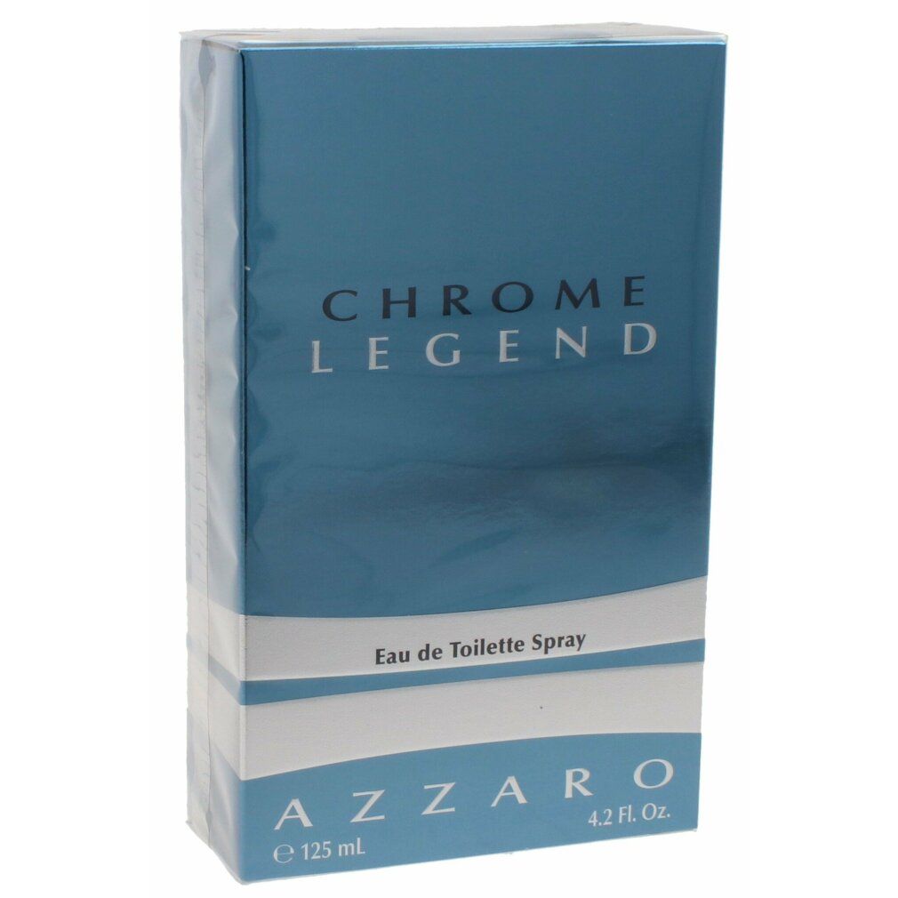 Confezione Azzaro Chrome Legend Eau de Toilette. Scatola azzurra con nome e dettagli del prodotto.