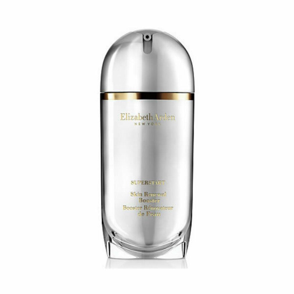 Flacone argento con dettagli dorati. Scritta: Elizabeth Arden, Superstart, Skin Renewal Booster, Booster Réformateur de Peau. Con erogatore.