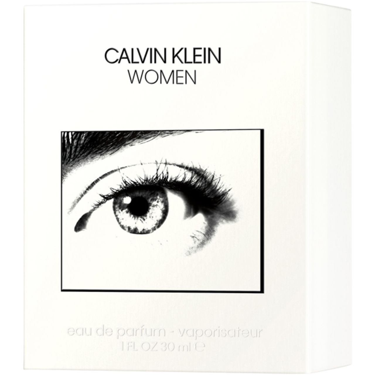 Scatola bianca con scritta: CALVIN KLEIN WOMEN. Illustrazione di un occhio. In basso: eau de parfum.