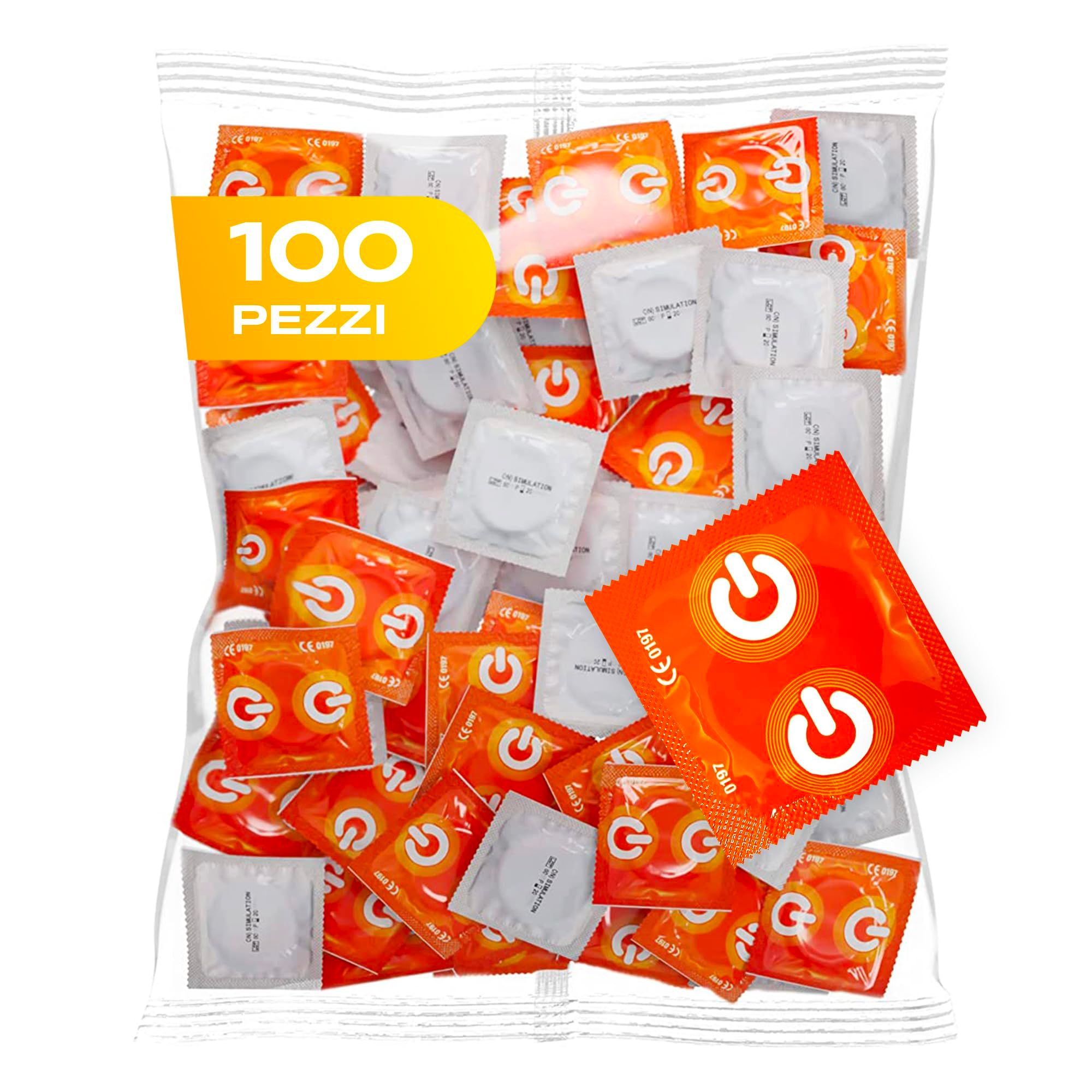 Confezione da 100 preservativi confezionati singolarmente, alcuni con logo arancione.