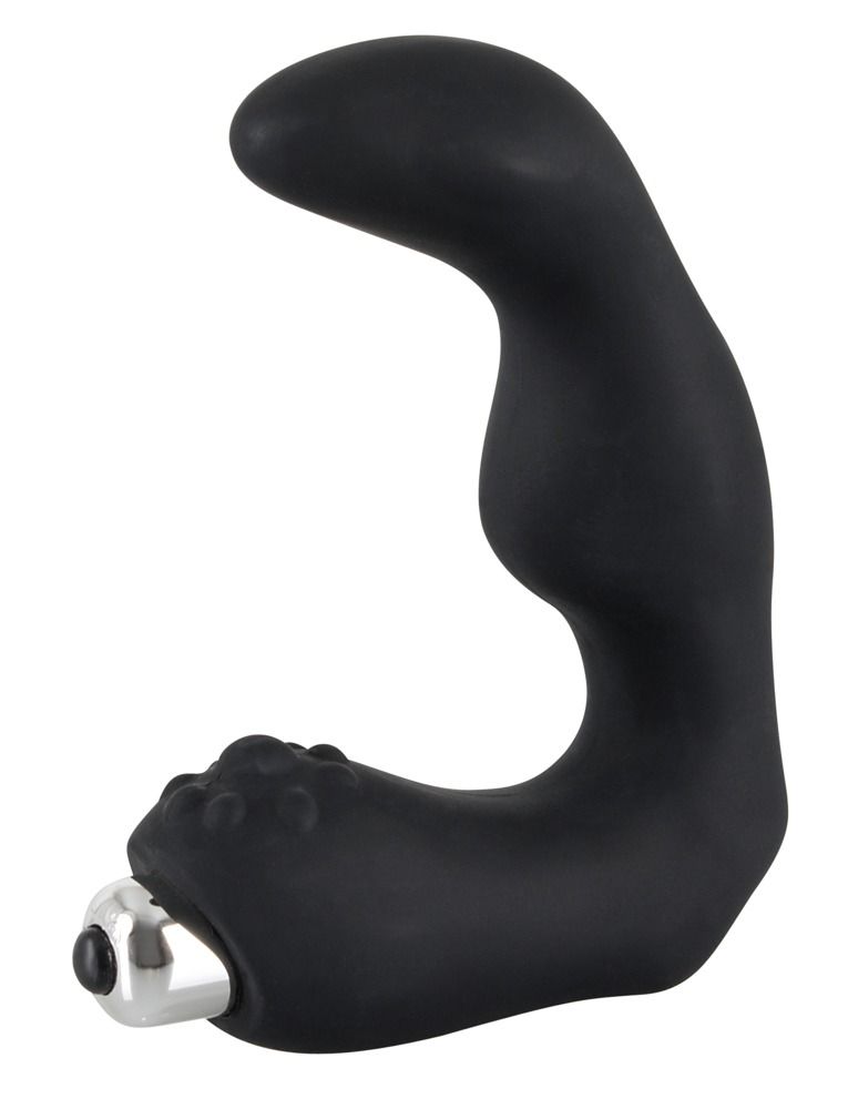 Vibratore prostatico nero, forma curva, area strutturata. Punta metallica. Superficie liscia.
