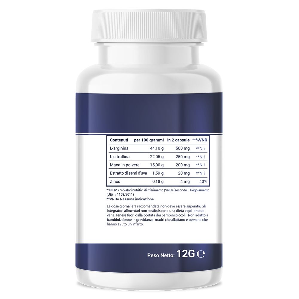 Retro di un flacone di pillole bianco con etichetta blu. Testo: Valori nutrizionali, ingredienti, peso netto 12g.