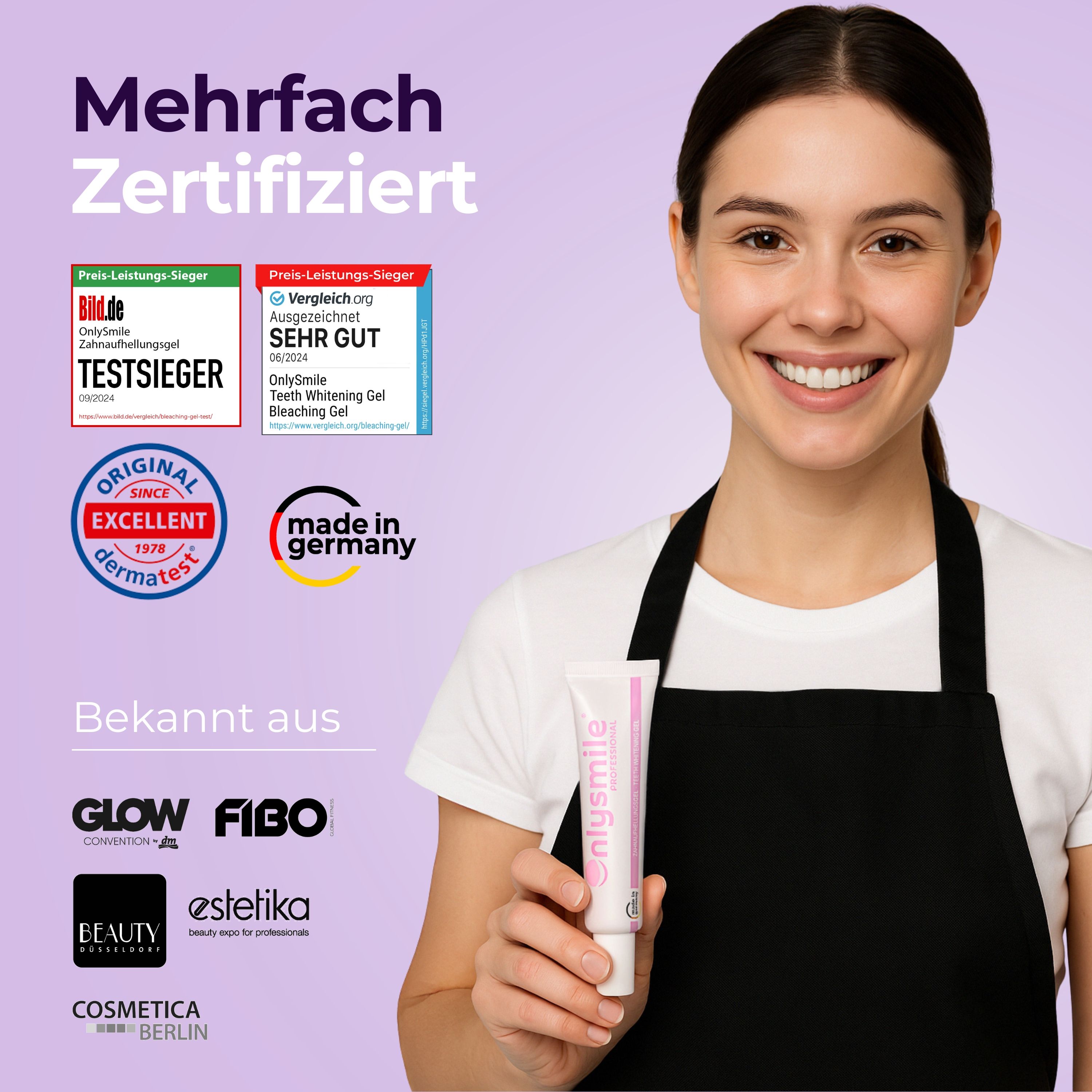 Donna con un tubetto OnlySmile®. Multiple certificazioni. Loghi: TestSieger, dermatest, made in Germany.