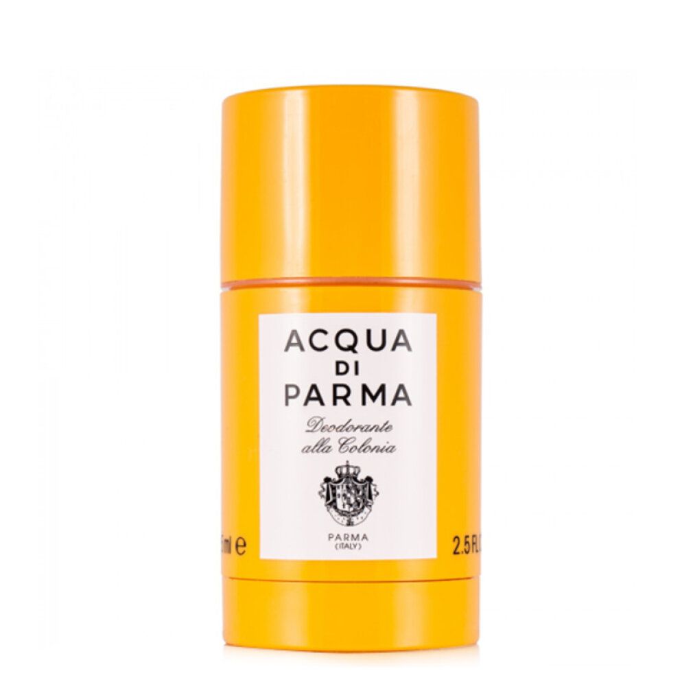 Stick deodorante giallo. Etichetta bianca: ACQUA DI PARMA, Deodorante alla Colonia. Sotto: Logo e PARMA (ITALIA).
