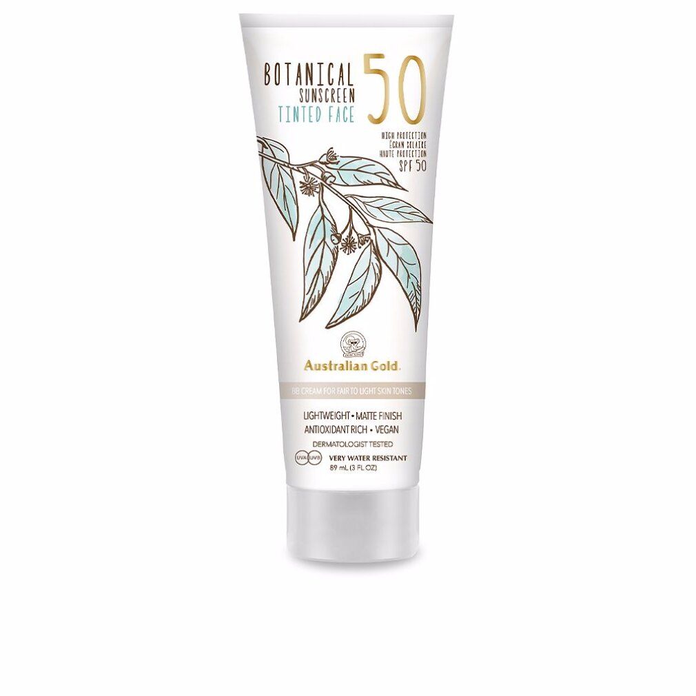 Tubo crema solare. Bianco, design botanico, testo: SPF 50, Australian Gold. Per pelli chiare. Dermatologicamente testato.