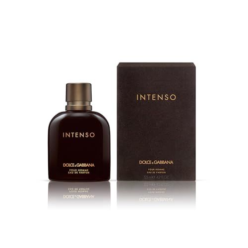 Flacone e scatola marrone scuro. Scritta: Intenso, Dolce & Gabbana, Pour Homme Eau de Parfum. Flacone con tappo dorato.