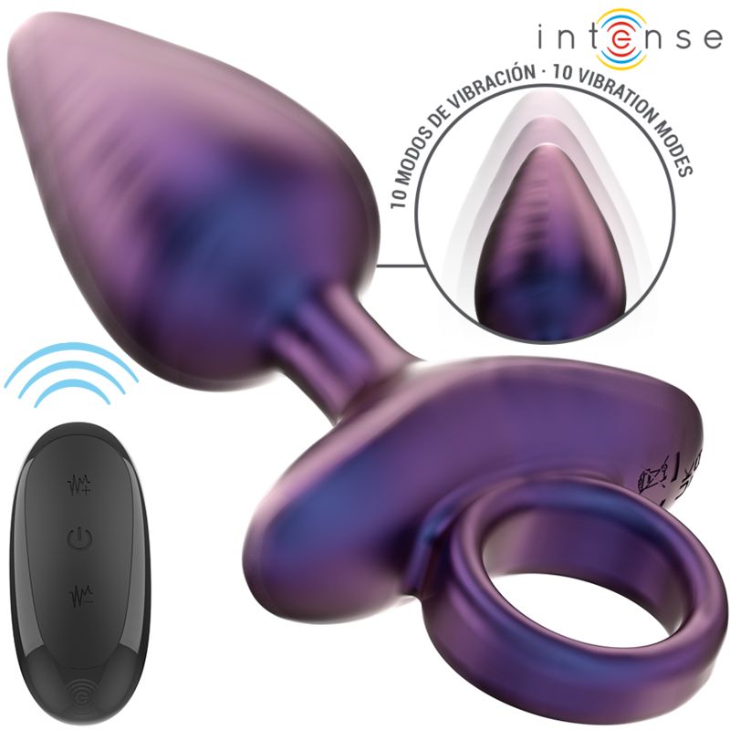 Tappo anale viola con punta bianca, anello di tenuta e telecomando. Mostra 10 modalità di vibrazione.