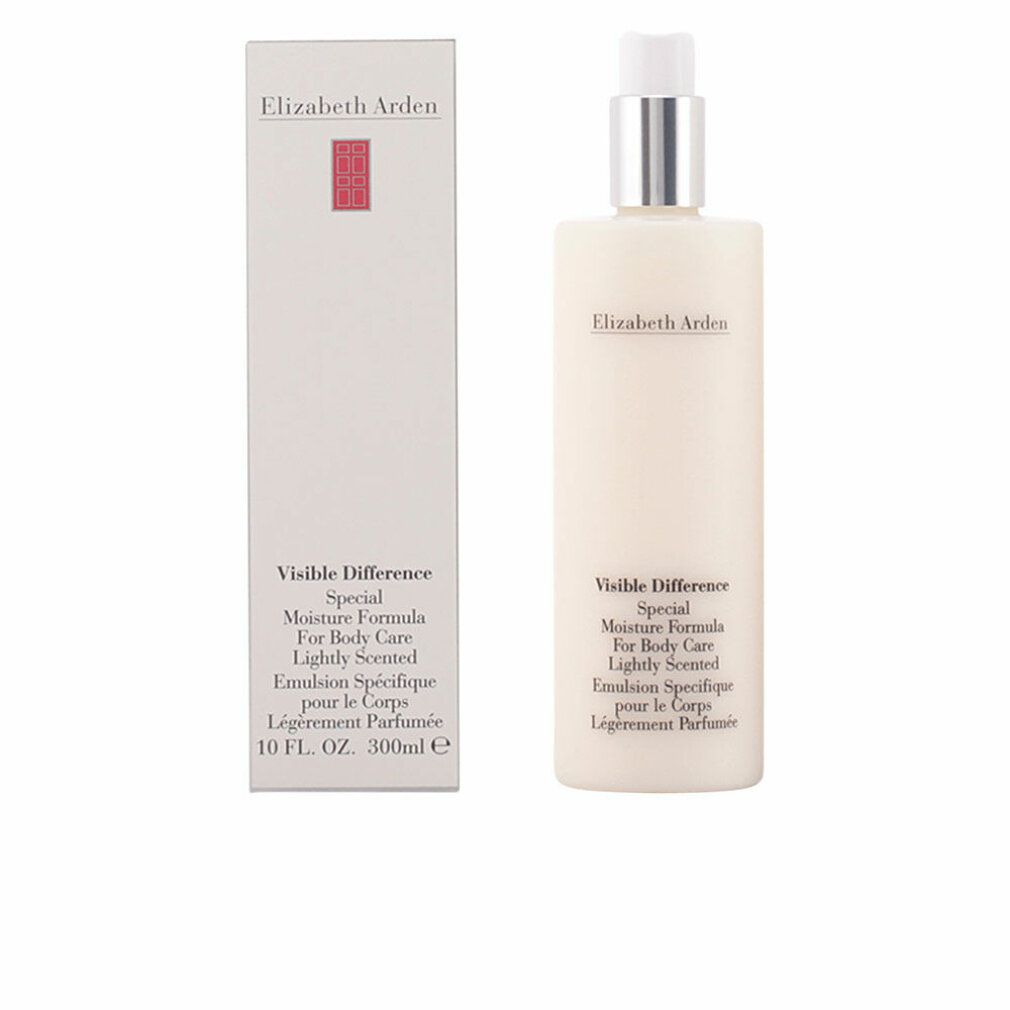 Flacone e confezione beige. Scritta: Elizabeth Arden, Visible Difference, Special Moisture Formula. Accento rosso.