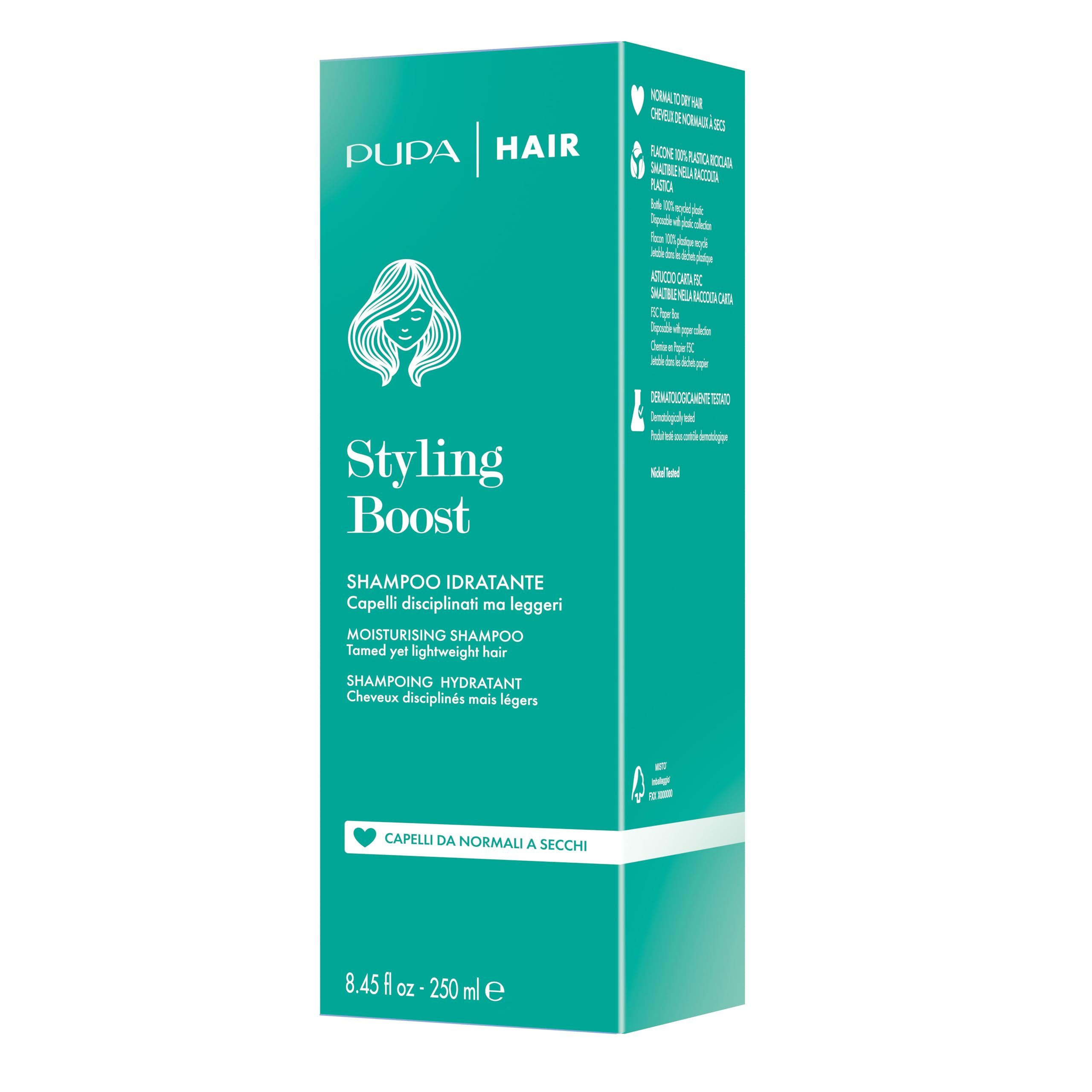 Scatola turchese con design flacone shampoo. Scritta: Styling Boost, Shampoo Idratante. Con loghi e testo.