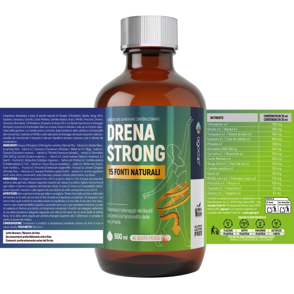Drena Strong Integratore Liquido Gusto Pesca - Acceleratore metabolismo - Drenante e detox