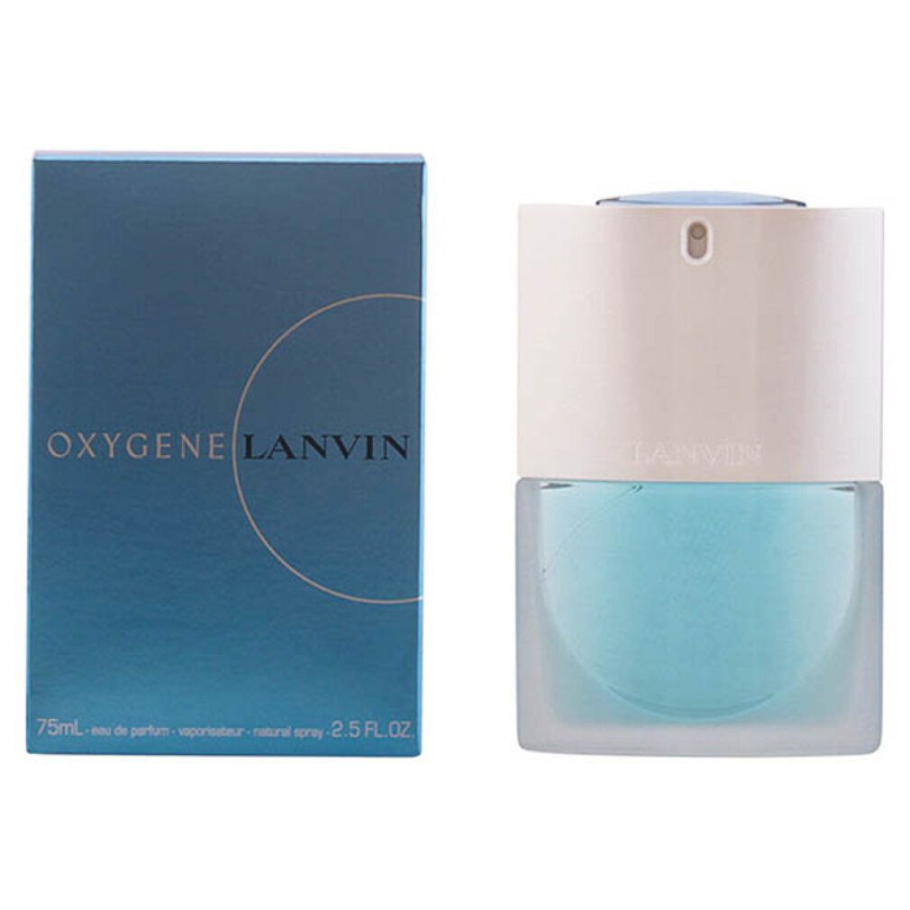 Flacone di profumo azzurro con tappo bianco, accanto a una scatola blu con nome e logo del prodotto.