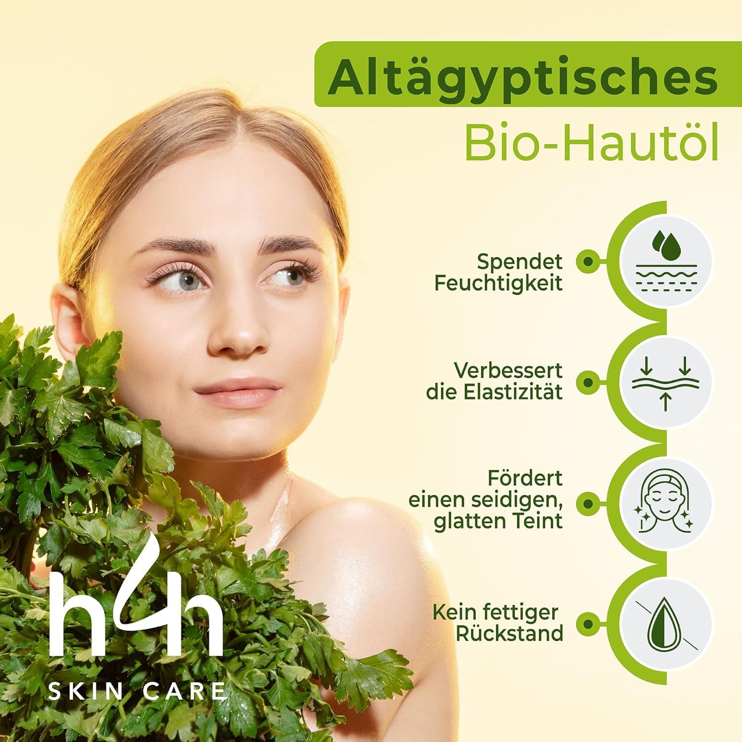 Donna con prezzemolo. Testo: Bio-olio per la pelle egiziano. Idrata, migliora l'elasticità, favorisce un incarnato liscio, nessun residuo grasso.