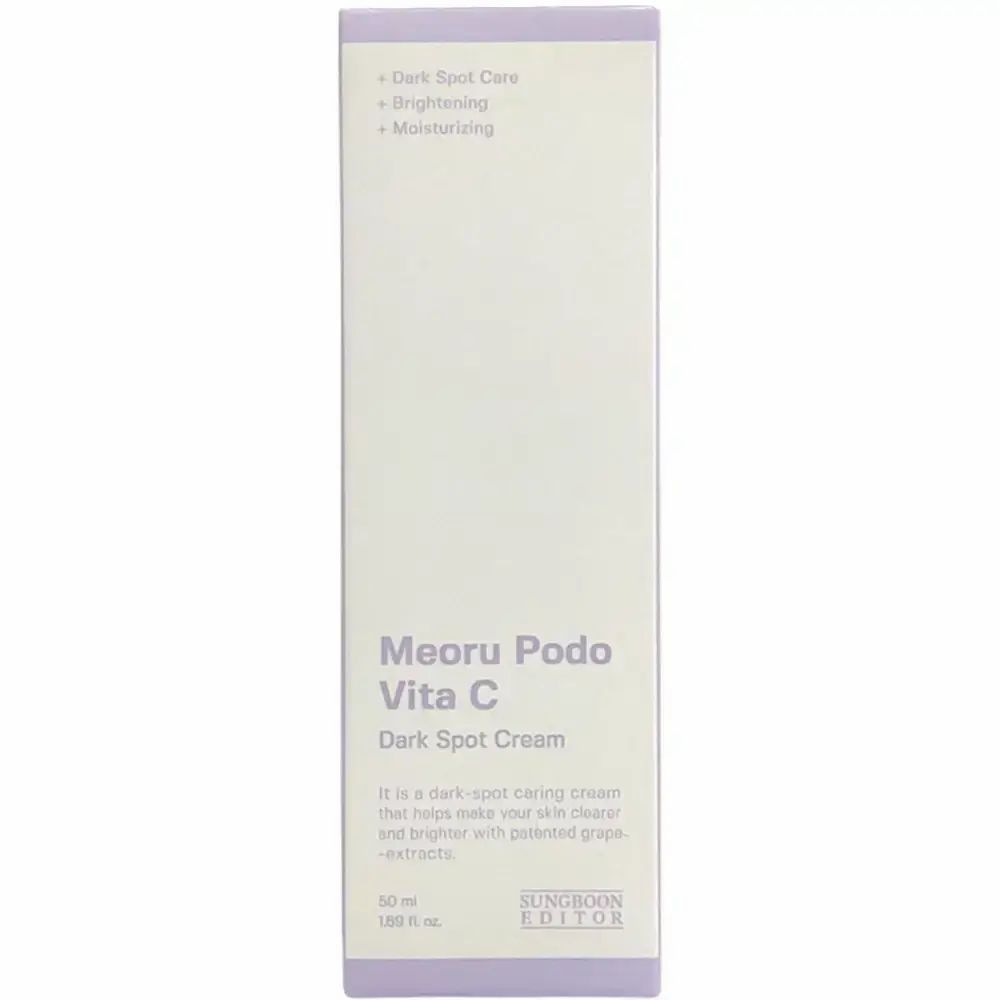 Confezione 'Meoru Podo Vita C Dark Spot Cream'. Testo: Dark Spot Care, Brightening, Moisturizing. Marchio SUNGBOON EDITOR.