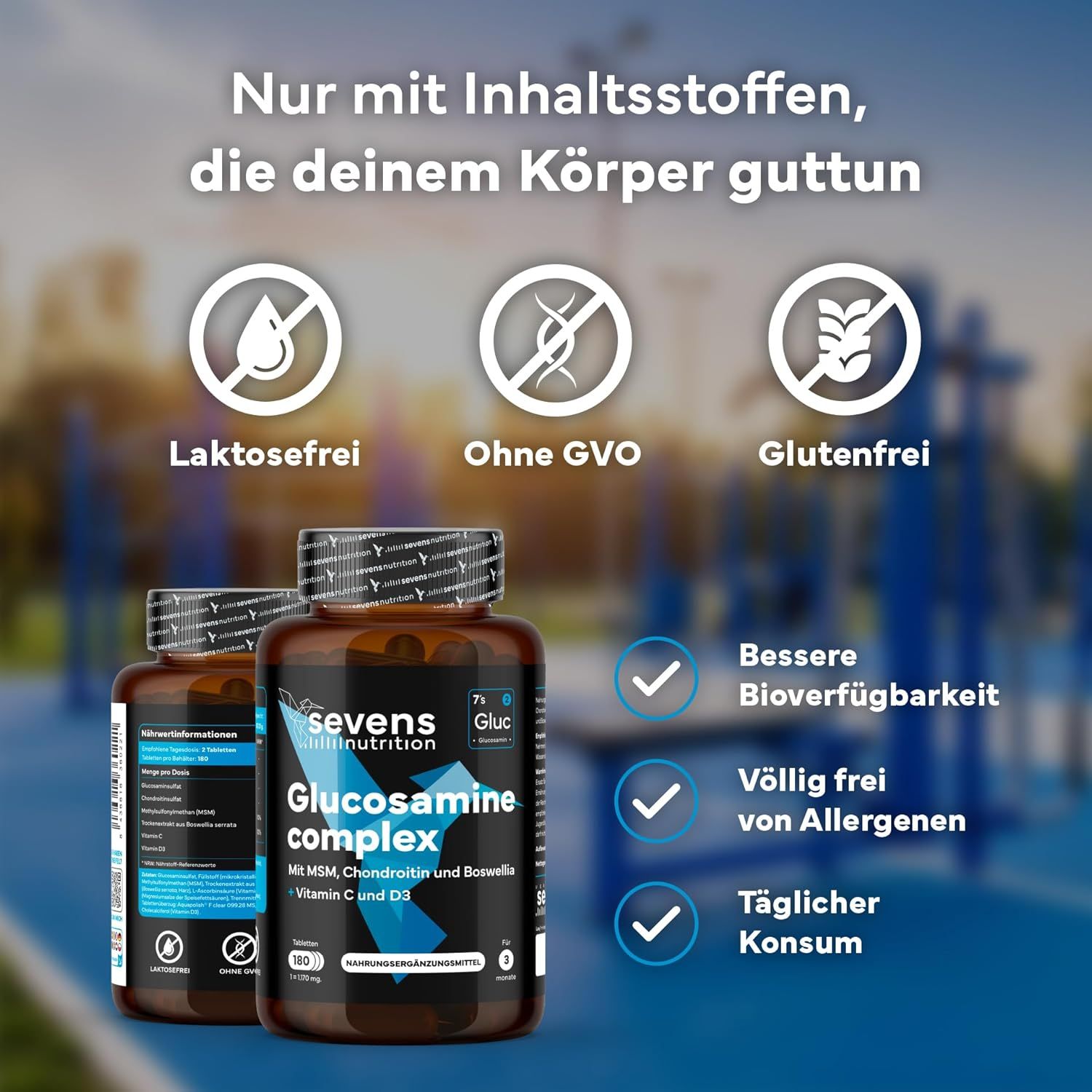 Due barattoli SEVENS NUTRITION Glucosamine Complex. Icone indicano assenza di lattosio, OGM e glutine.