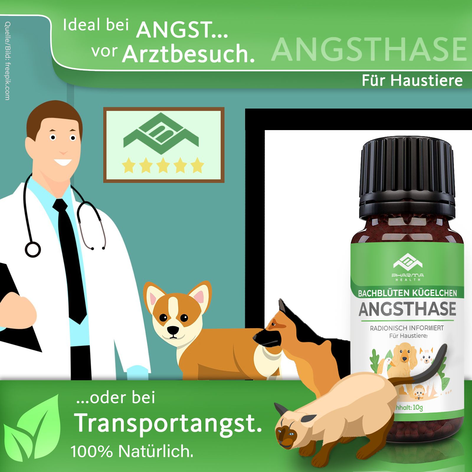 Flacone del prodotto accanto a illustrazioni di medico, cani e gatto. Testo: Angsthase, per animali domestici, 100% naturale.