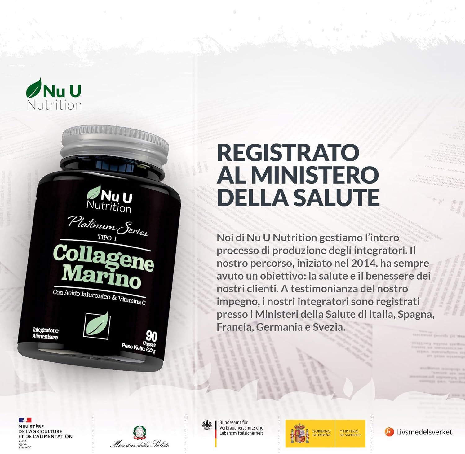 Flacone scuro con capsule. Scritta: Nu U Nutrition, Platinum Series, Tipo I, Collagene Marino, con acido ialuronico e vitamina C. 90 capsule.