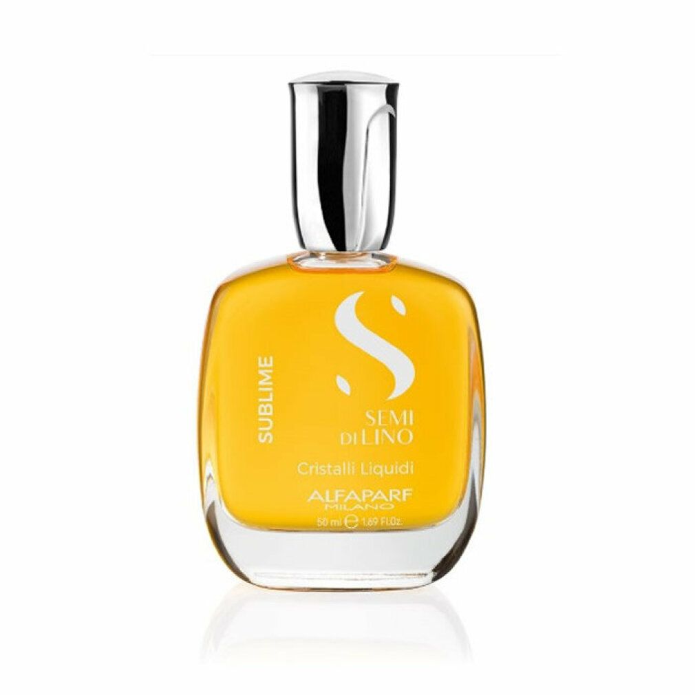 Flacone in vetro con liquido giallo. Scritte: Sublime, Semi Di Lino, Cristalli Liquidi, Alfaparf Milano.