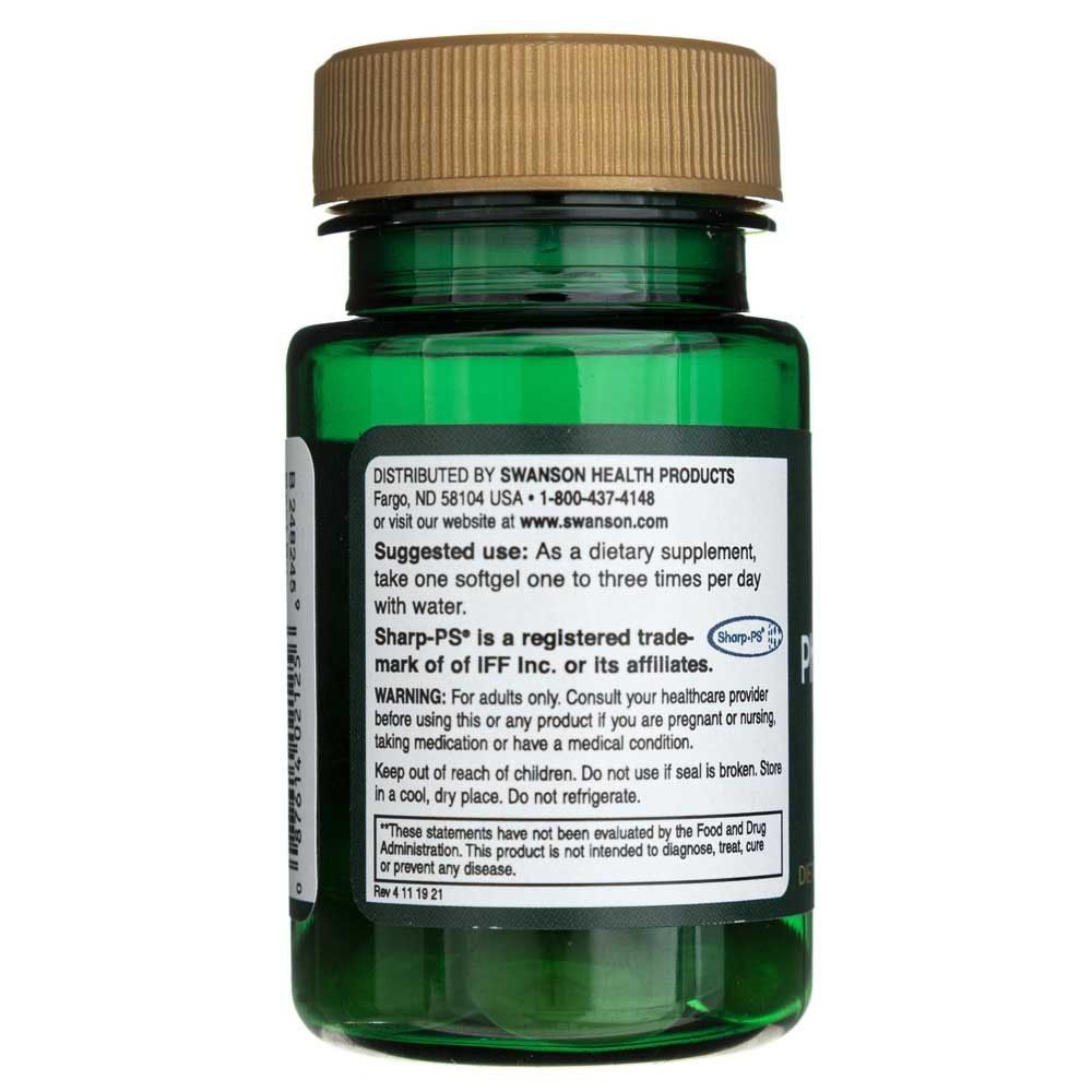 Retro di un flacone Swanson Fosfatidilserina da 100 mg con istruzioni per l'uso e avvertenze.