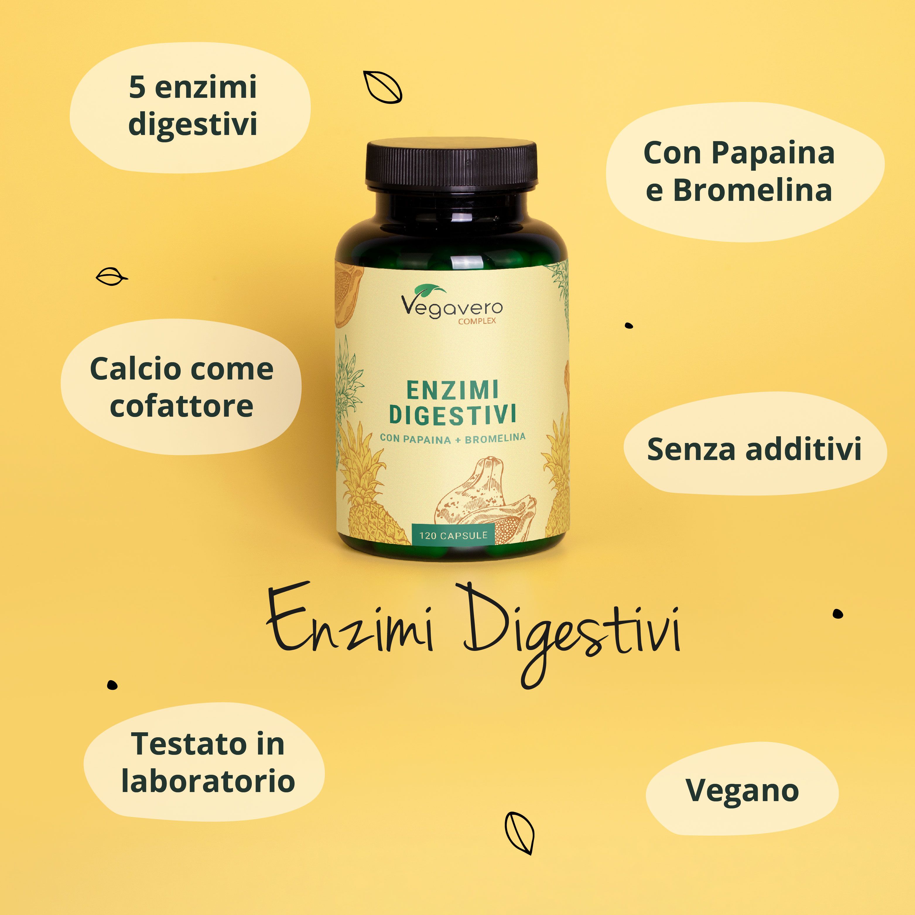 Flacone con testo: Enzimi Digestivi, con papaina e bromelina. Ulteriori informazioni in cerchi.