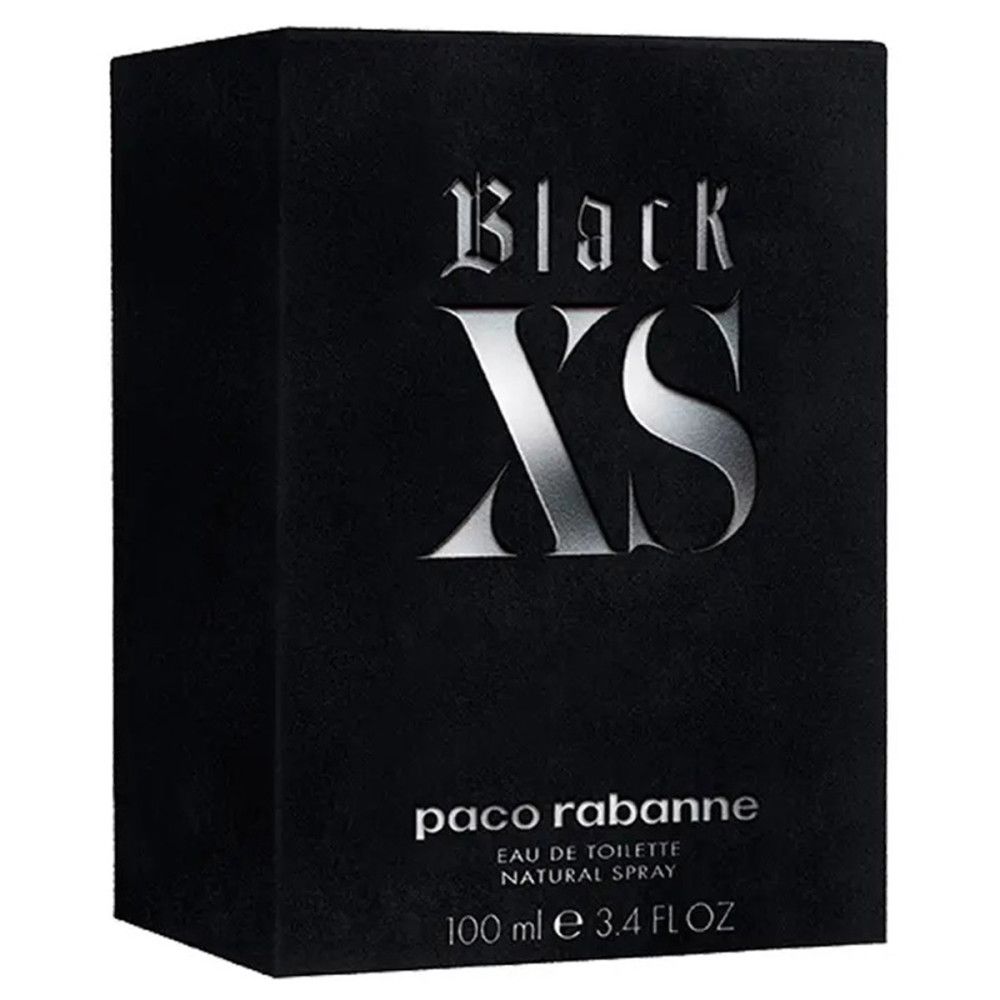 Scatola nera rettangolare. Scritta "Black XS" e "paco rabanne". In basso, "Eau de Toilette".