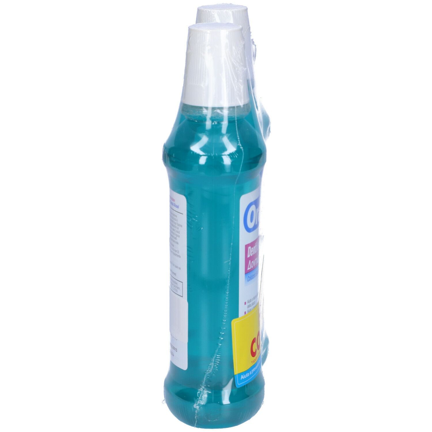 Due bottiglie di collutorio confezionate in pellicola. Vista laterale. Liquido turchese, tappo bianco, etichetta blu. Scritta in italiano.