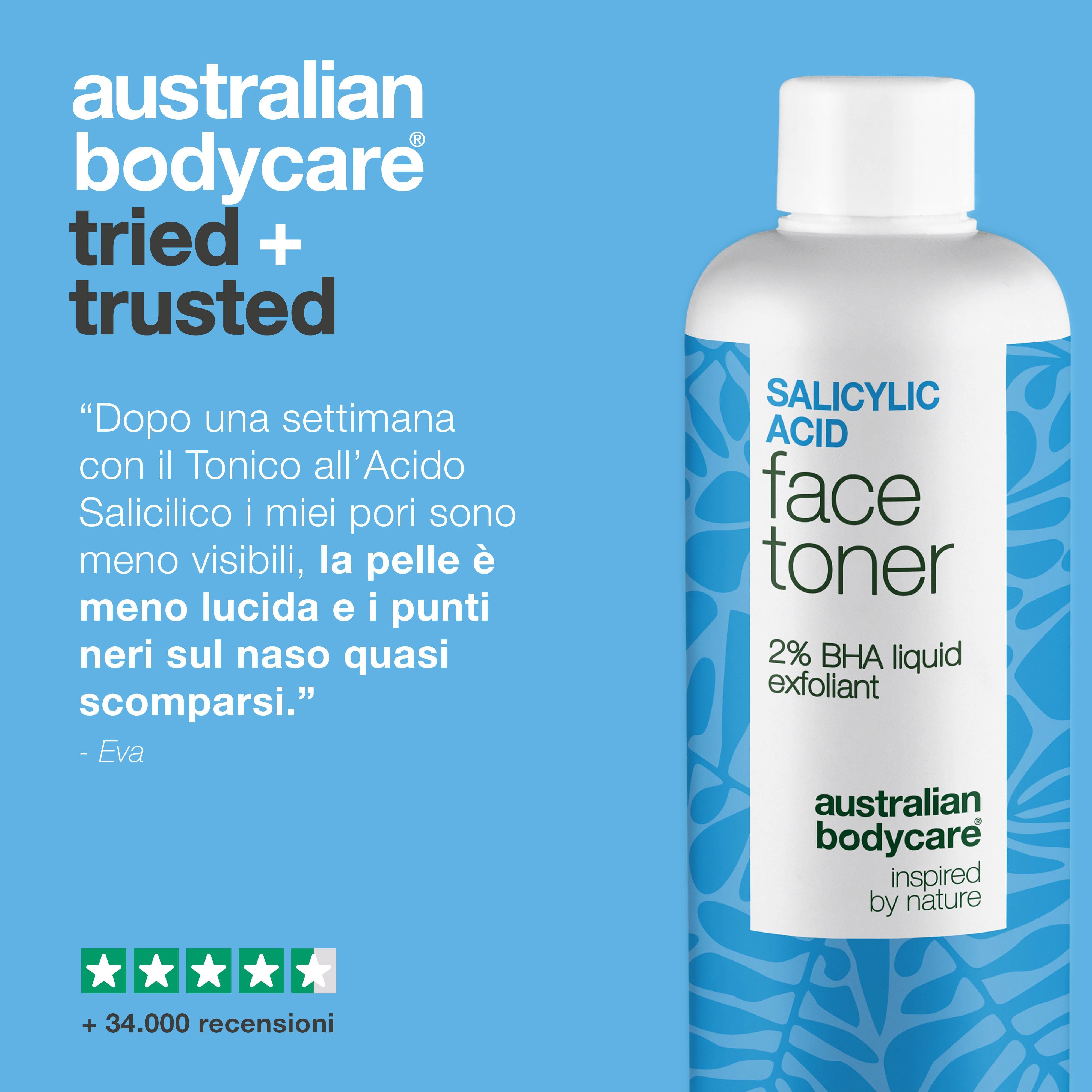 Flacone: Salicylsäure Face Toner, 2% BHA liquid exfoliant. Marchio: Australian Bodycare. Testo: Testato e approvato dai dermatologi.