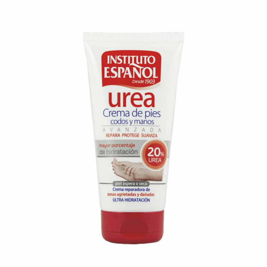 Tubo bianco con tappo rosso. Scritta: Instituto Español Urea, crema per piedi, gomiti e mani. Contiene il 20% di urea.