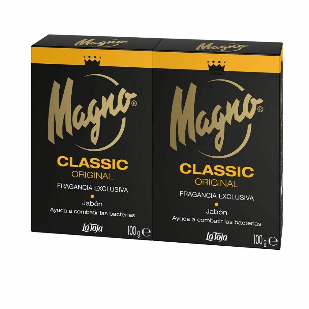 Due confezioni di sapone affiancate. Confezione nera con logo e testo dorati. Scritta: Magno Classic Original.