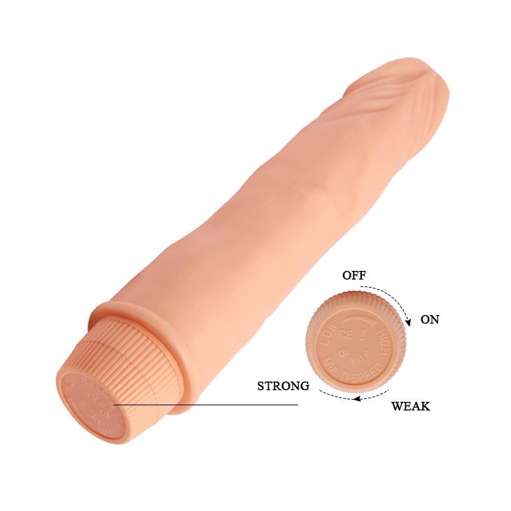 Dildo beige con base scanalata. Manopola con scritte 'ON', 'OFF', 'STRONG' e 'WEAK'.