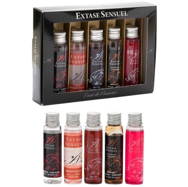 Sei piccole bottiglie di lubrificante di vari colori e profumi, presentate in una confezione regalo.