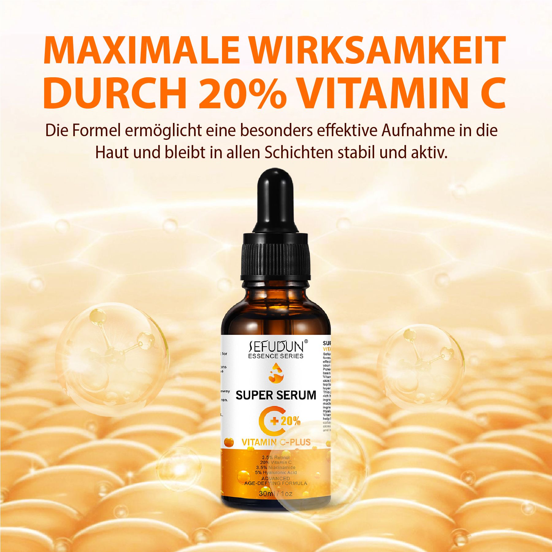 Flacone di siero con contagocce. Testo: Massima efficacia grazie al 20% di vitamina C. La formula permette un assorbimento efficace nella pelle.