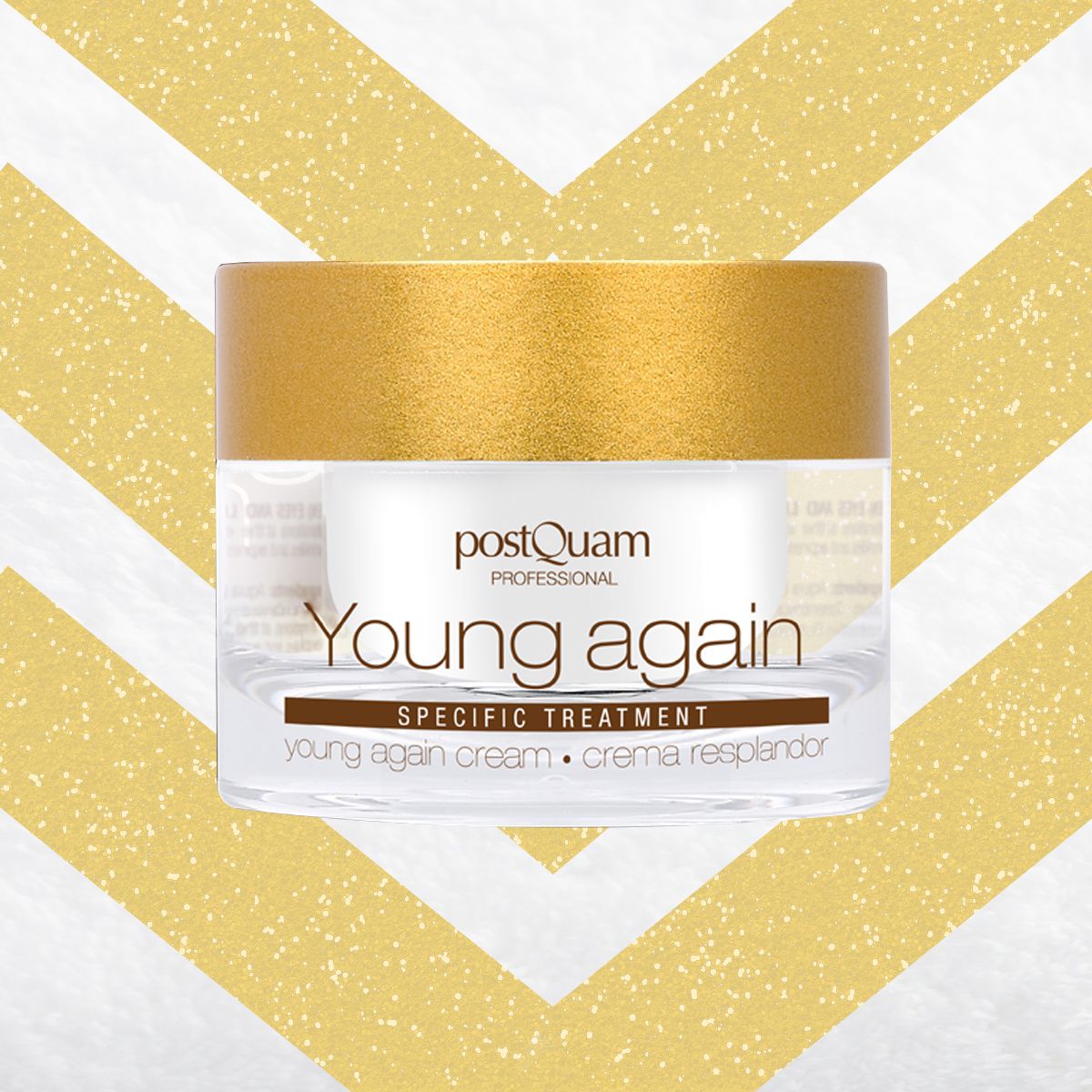 Vasetto di crema con coperchio dorato. Scritta: Young again, Specific Treatment. Marchio: Postquam. Sfondo: Oro e bianco.