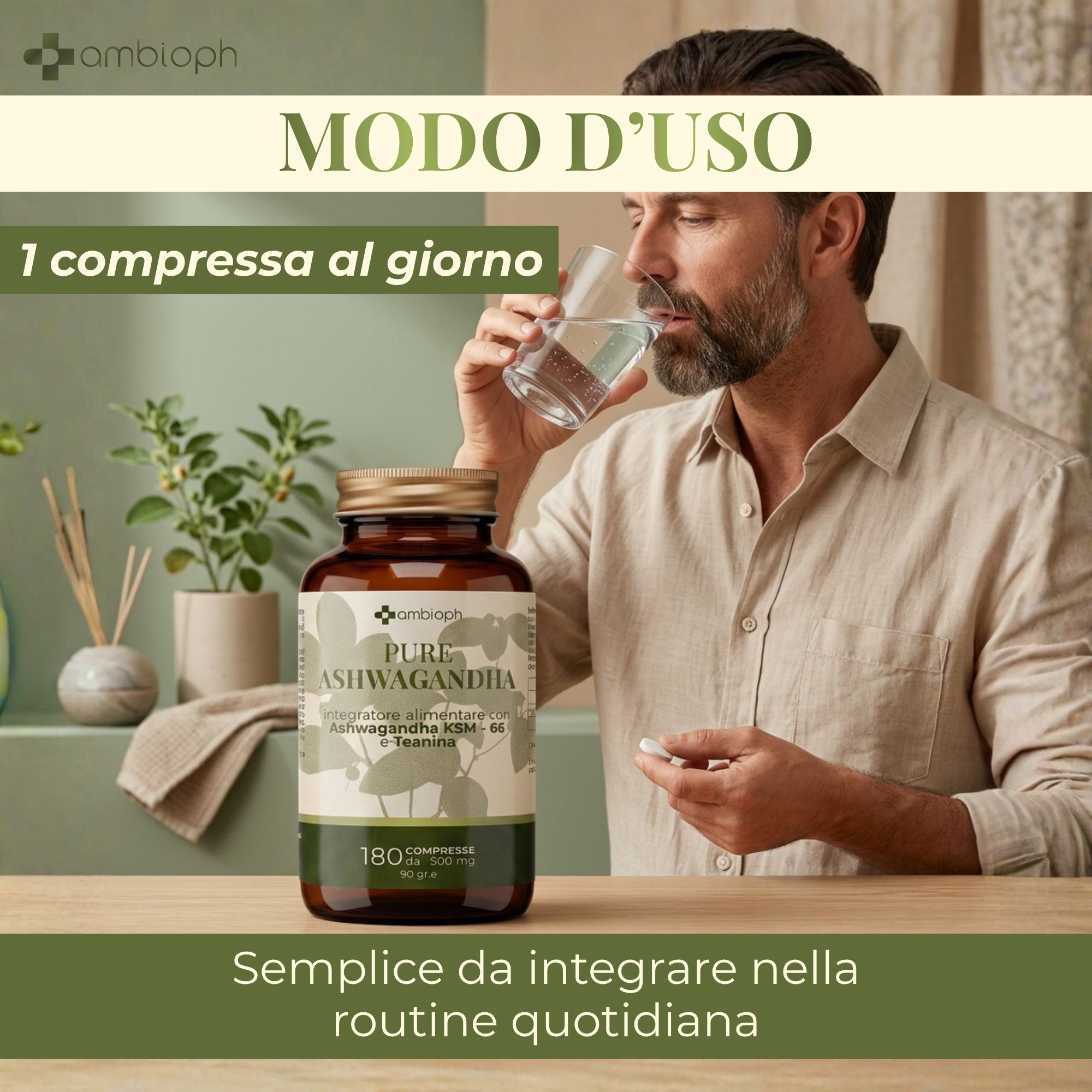 Un uomo beve acqua e prende una capsula di Ashwagandha.