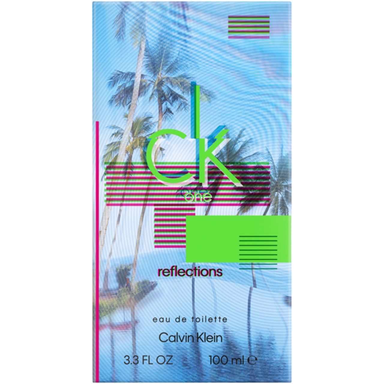 Confezione con design palme. Scritta: ck one reflections, Calvin Klein. Rettangolo verde con ck one.