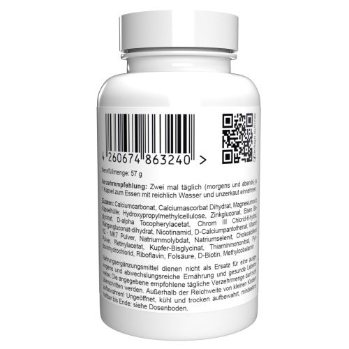 Flacone bianco con codice a barre e QR code neri. Testo in tedesco, elenco ingredienti e raccomandazioni.