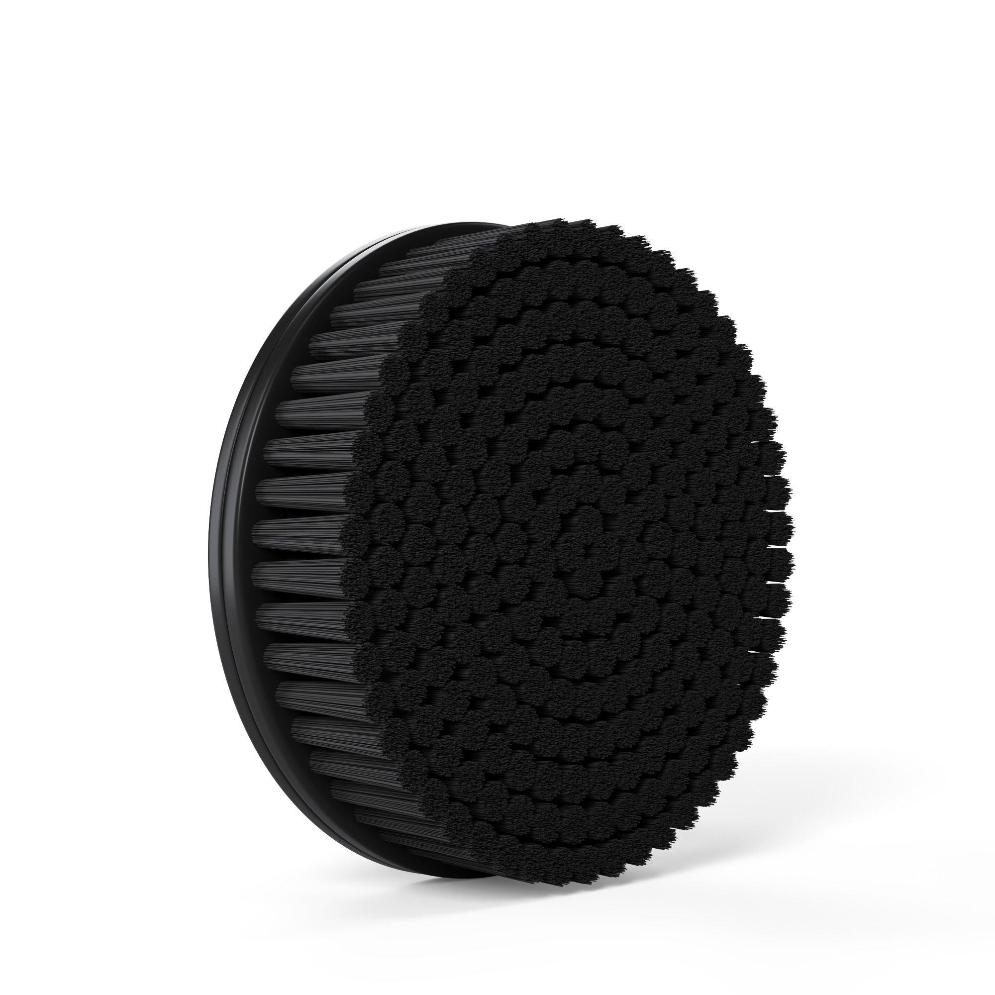 Testina spazzola rotonda nera con setole nere. Le setole sono fitte.