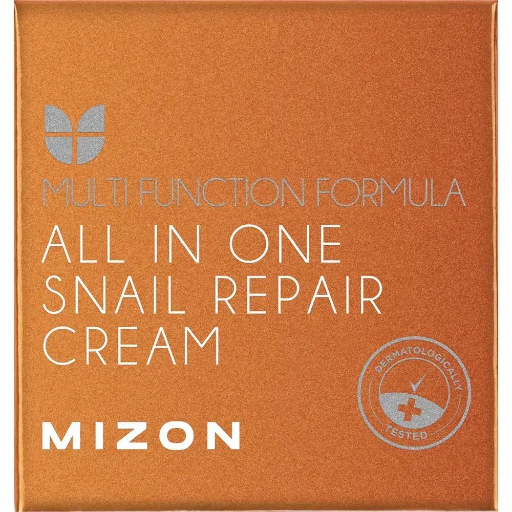 Confezione quadrata arancione con testo: MIZON All In One Snail Repair Cream. Con logo dermatologicamente testato.