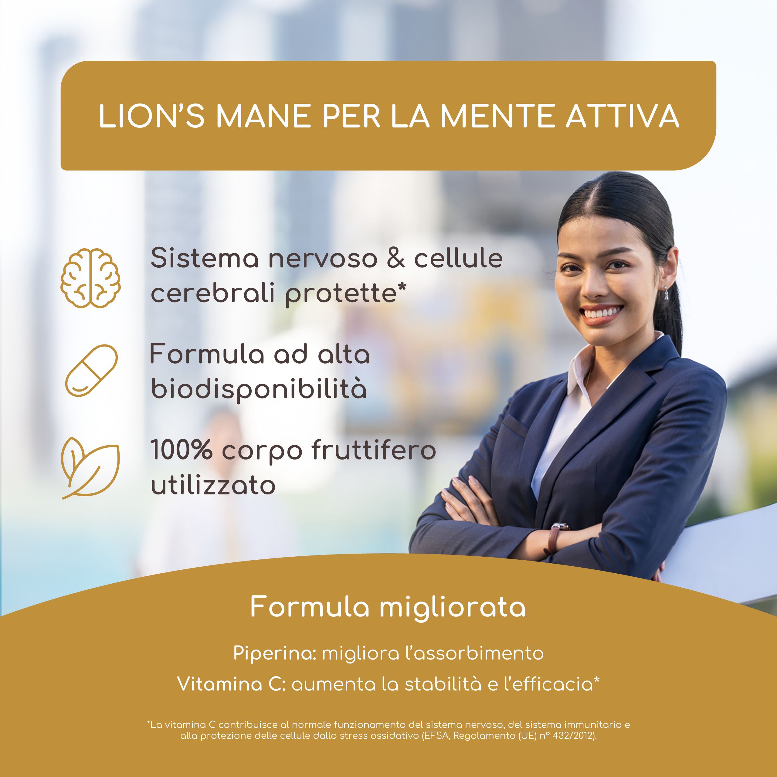 Donna in giacca. Testo: Lion's Mane per la mente attiva. Sistema nervoso e cellule cerebrali. 100% corpo fruttifero.
