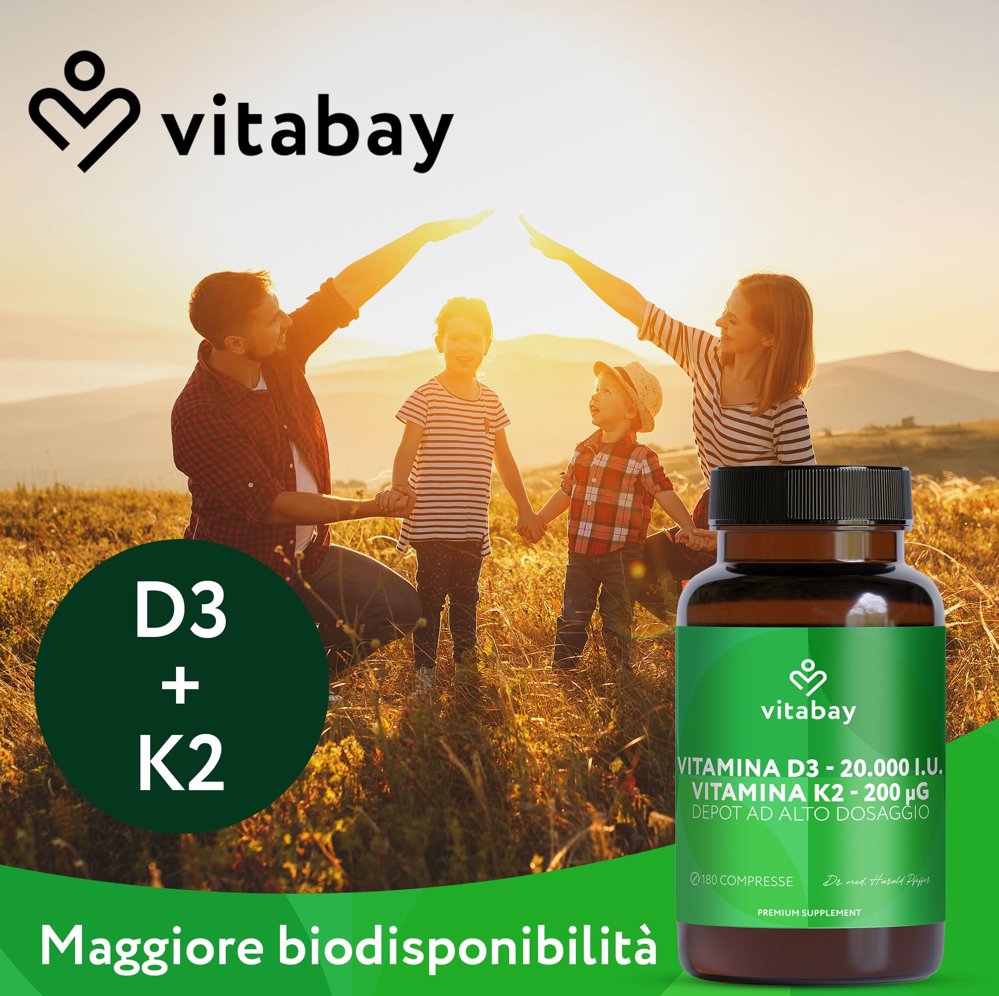 Vitabay Vitamina D3 K2 20.000 I.U. Depot ad alto dosaggio, 180 compresse. Famiglia sotto il sole. Maggiore biodisponibilità.