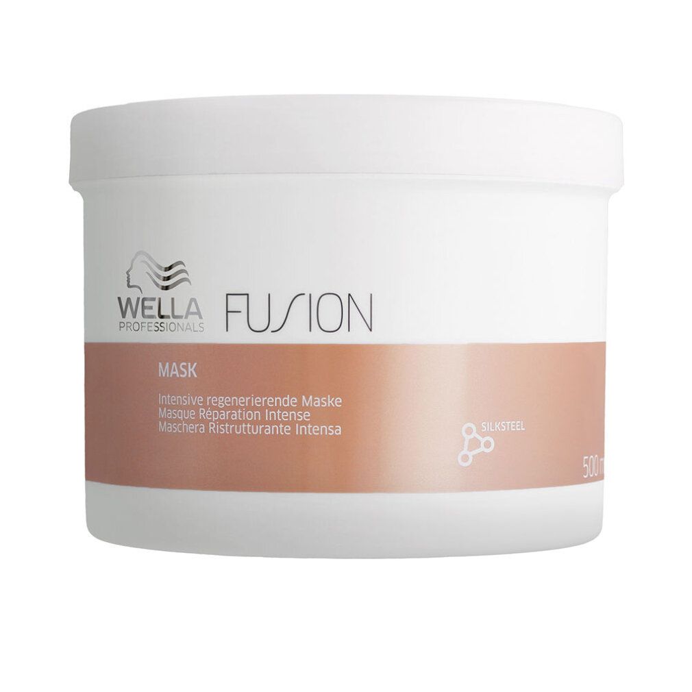Vaso bianco con fascia color rame. Scritta: FUSION Mask, Maschera Ristrutturante Intensa. Logo: Wella.