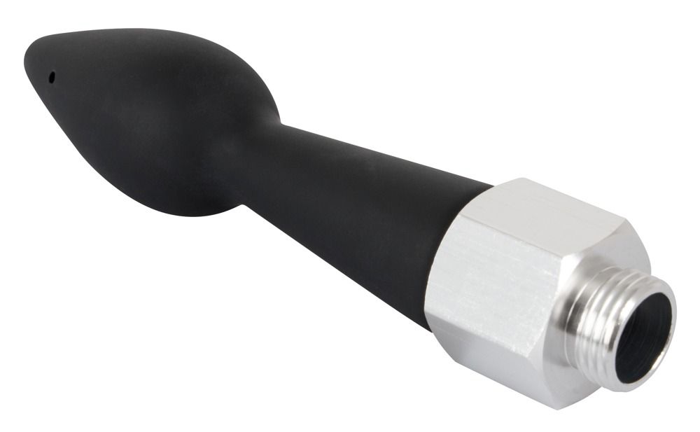 Plug anale nero con 1 foro. Con raccordo filettato e parte metallica argentata.