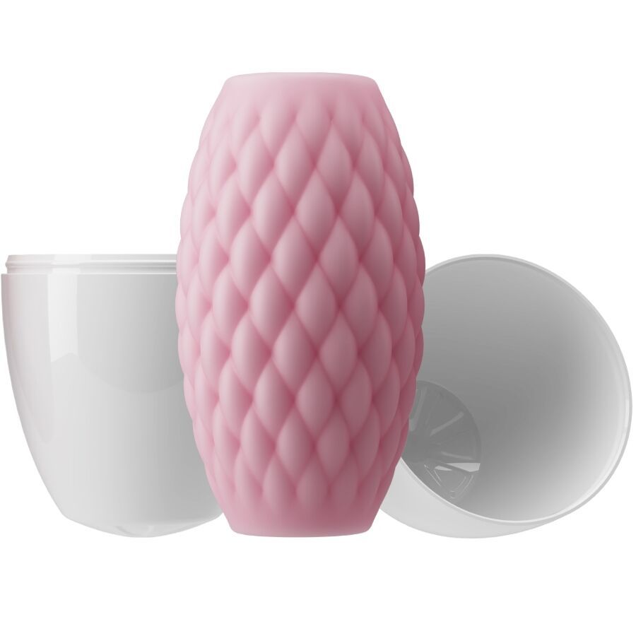 Confezione e masturbatore in silicone rosa con motivo a rombi, con dimensioni.