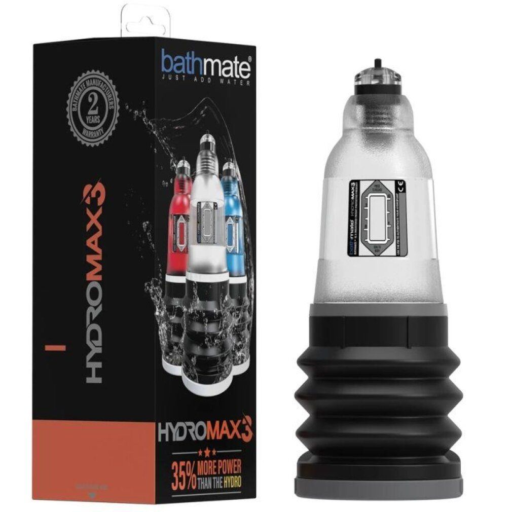 Bathmate Hydromax3 e la sua confezione. Pompa trasparente con soffietto nero.